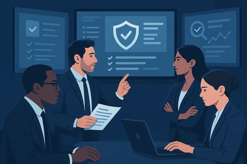 Бизнес екипи преглеждат констатации от одит на SaaS сигурността